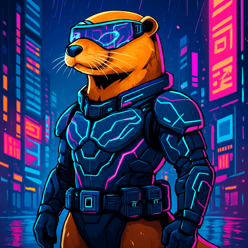 Create a hyper-detailed digital illustration of a sleek, golden-furred otter standing confidently in a neon-lit cyberpunk city at night. The otter wears high-tech armor with glowing blue and magenta circuitry patterns, a visor with holo-display reflections, and a utility belt of futuristic gadgets. Rain slicks the wet street beneath its feet, and towering skyscrapers with animated billboards loom behind. Moody atmosphere, vibrant neon color palette, cinematic lighting, 4K resolution, game-ready character portrait..
In-Game asset.  2d.  High contrast.  No shadows