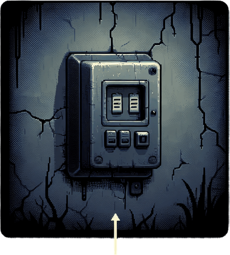 an eerie wall fusebox
Single Game Texture. In-Game asset. 2d. Blank background. High contrast. No shadows.