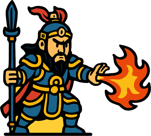 erlang shen. the sun wukong enemy. side scroller image. atack with fire 
In-Game asset.  2d.  High contrast.  No shadows