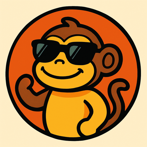 un monito en una imagen redonda, el monito lleva gafas de sol, es de plastico y tiene una sonrisa.
In-Game asset.  2d.  High contrast.  No shadows