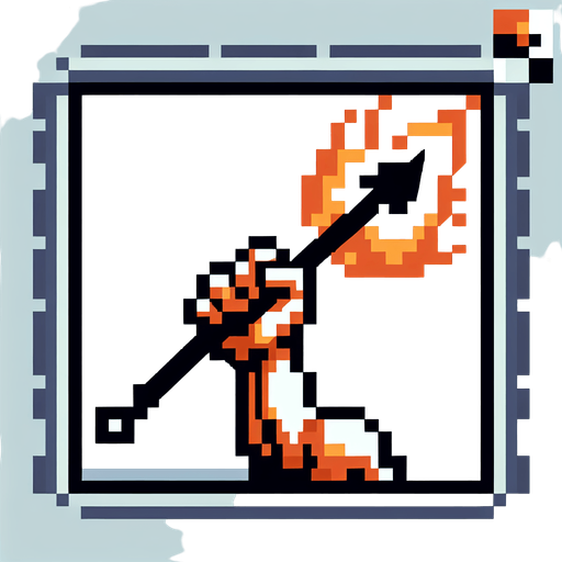 Pixelart. An icon of a an arm holding  javelin with fire around it..
Single Game Texture. In-Game asset. 2d. Blank background. High contrast. No shadows.