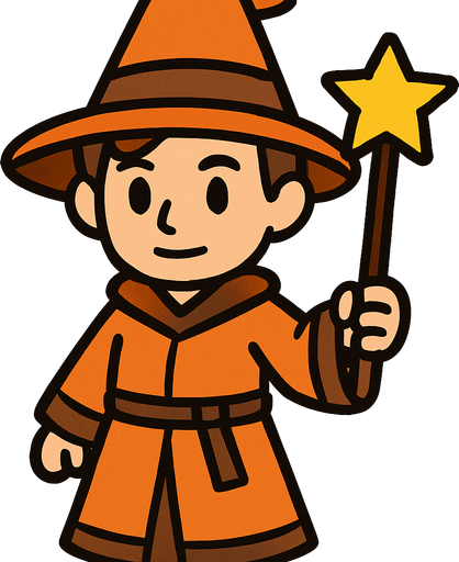Mago con sombrero naranja y marrón sin barba con varita con estrella, de cuerpo entero.
In-Game asset.  2d.  High contrast.  No shadows