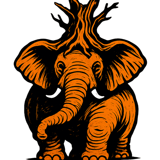 fat elephant with gnarly tree trunk hat..
High contrast.  No shadows