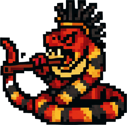 Genérame una Serpiente coral guerrero azteca con eso patrones, estilo pixelar, con una apariencia maligna, ojos rojos, rabioso. Unidad a distancia, con cerbatana. Animal.
In-Game asset.  2d.  High contrast.  No shadows