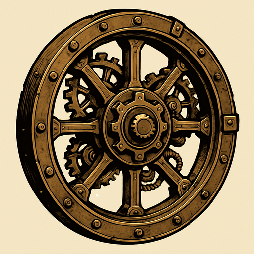has una rueda en estilo steampunk.
In-Game asset.  2d.  High contrast.  No shadows