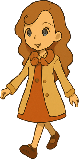 Generate a detailed and vivid description of a scene depicted in the visual style characteristic of Professor Layton games, focusing on a young girl walking down a city street. Capture the unique art style elements such as warm color palettes, cel-shaded animation, distinctive character design with soft lines and expressive eyes, and the semi-realistic yet whimsical environment. Include the atmosphere of the city street, describing architectural features, background elements like lampposts, shop signs, and the bustling yet charming ambiance, as seen in Professor Layton games. Avoid photographic realism; emphasize stylized, hand-drawn, and storybook-like qualities..
In-Game asset.  2d.  High contrast.  No shadows