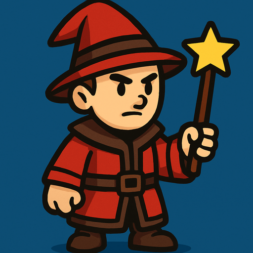 Mago con sombrero rojo y marrón sin barba con varita con estrella, de cuerpo entero.
In-Game asset.  2d.  High contrast.  No shadows