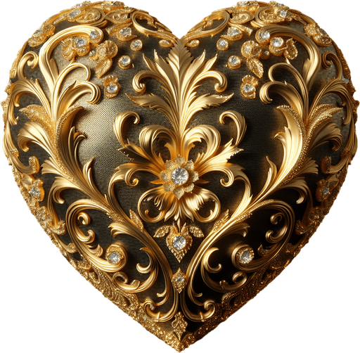 Big shining gold heart verly slightly ornate.
face view.
