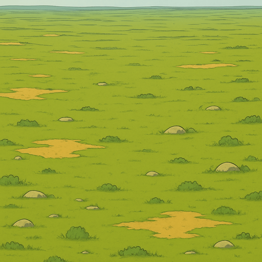 Here’s a prompt for a very distant, wide-angle view of a tree-free forest floor:

**Prompt:**
A very distant, wide-angle aerial view of a tree-free forest floor, showing expansive grassy plains with patches of dirt, scattered rocks, and low vegetation. The terrain stretches far into the horizon with subtle color variations and soft natural lighting, creating a vast, open, and serene natural environment without any trees..
In-Game asset.  2d.  High contrast.  No shadows