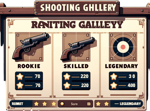 a western shooting gallery ranking charts written rookie (70) skilled(220) legendary (400).
Single Game Texture. In-Game asset. 2d. Blank background. High contrast. No shadows.