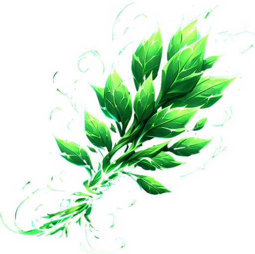 A bundle of glowing green herbs tied together, or a single stylized leaf with potent green light radiating from its veins..
Single Game Texture.  In-Game asset.  2d.  Blank background.  High contrast.  No shadows