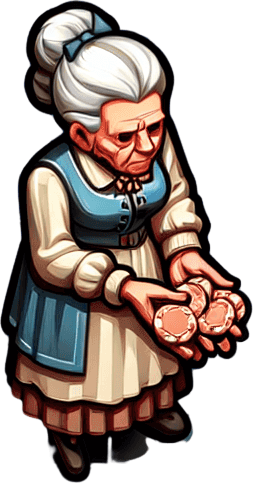 Top down image of an old lady carrying poker tokens. Single Game Texture. In-Game asset. 2d. Blank background. High contrast. No shadows.