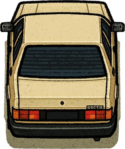 Tofaş Şahin, seen from behind

Top-down, gta2, Single Game Texture. In-Game asset. 2d. Blank background. High contrast. No shadows.isometric