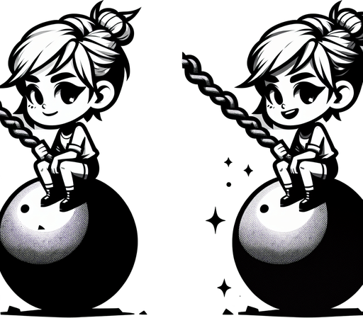 girl sitting on Wrecking Ball, cartoon style..
Single Game Texture. In-Game asset. 2d. Blank background. High contrast. No shadows.