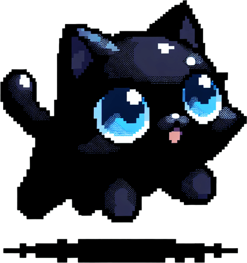 Flying, Cute black cat with blue eyes. Dot picture. Single Game Texture. In-Game asset. 2d. Blank background. High contrast. No shadows.