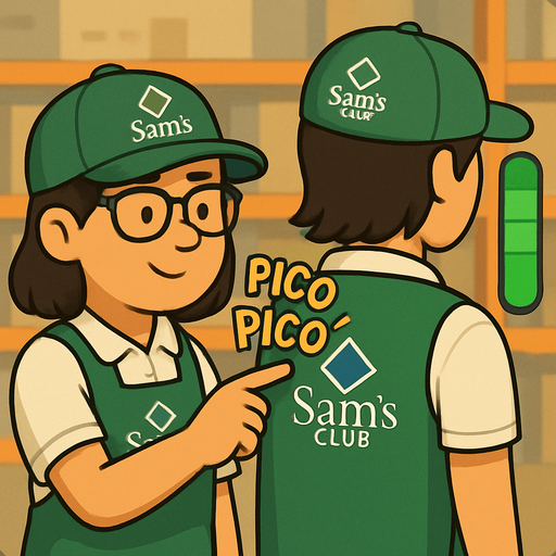 Ambos deberan ser trabajadores de sams club, gorra verde con el logo, la chica de la izqueirda debera usar lentes, polo blanca, mandil verde con el logo del trabajo.
EL chico de la derecha, pelo negro un poco alrgo, gorra igual verde y el amndil.

Igual el de la derecha usara playera de polo blanca.

Y al ededor de la mano que esta tocando deberia decir PICO PICO, COMO SI FUERA UN EFECTO DE SONIDO AL TOCARLO
