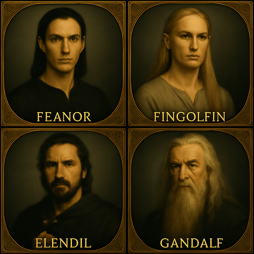 Tamamen aynı stil aynı çerçeve aynı boyut ve aynı biçimi kullan ancak Feanor (Sakalsız yüce elf), Fingolfin (Sarışın uzun saçlı elf), Elendil, Gandalf ı yap