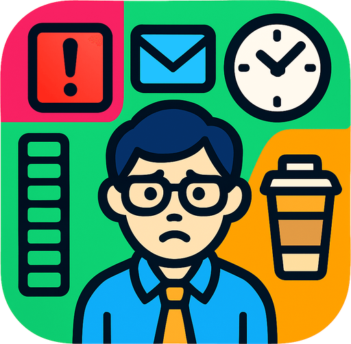 Modern App Store icon, high definition, square with rounded corners, for a game titled "FOMO Simulator: The Meeting That Could've Been An Email" and with the description "A fast-paced office simulator where you collect meetings, emails, and notifications while managing your energy levels. Strategic decisions must be made about which workplace items to prioritize as your energy depletes. Grab coffee for boosts, avoid missing important meetings, and survive the chaotic 60-second workday!". No text on icon!.
In-Game asset.  2d.  High contrast.  No shadows