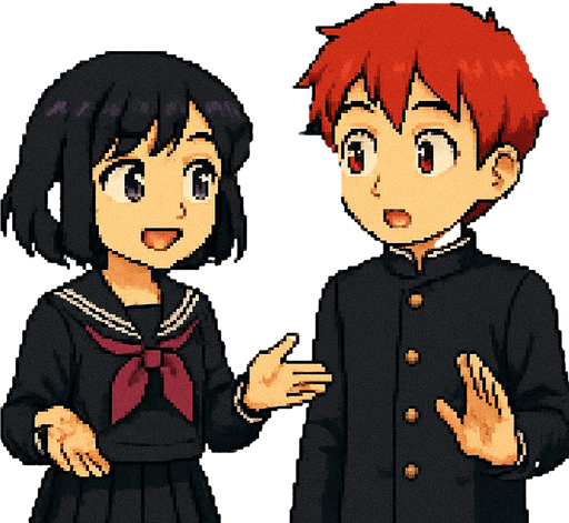 Pixel art illustration. A 15-year-old anime-style boy and girl in Japanese school uniforms are talking while gesturing with their hands. Very close to them is a row of lockers. In the one at the center, a pair of glowing red eyes peer through the slats. They belong to a yandere—obsessed, crazy, and jealous—whose face and body remain hidden in the darkness inside the locker.