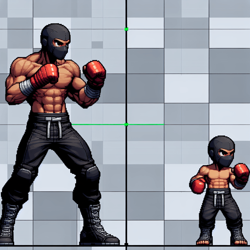 Fighter with 2 fight gloves, full body, mini fighter.
Single Game Texture. In-Game asset. 2d. Blank background. High contrast. No shadows, digital art style