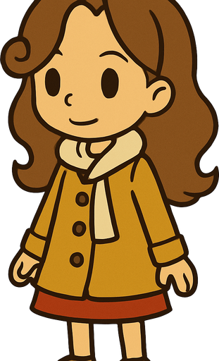 Cute little10yo girl brown hair in professor Layton game style.
In-Game asset.  2d.  High contrast.  No shadows