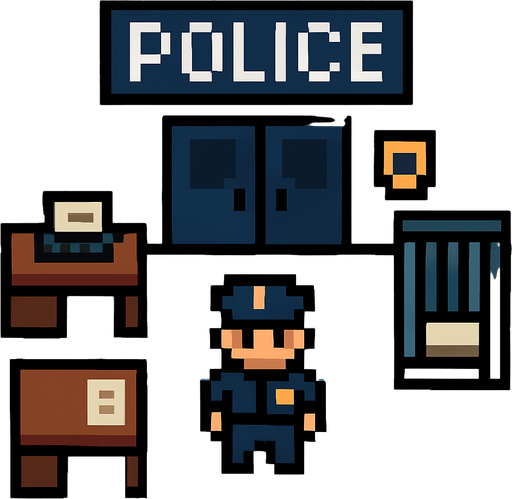 Poilce Station tile 2d pixilated topdown.
In-Game asset.  2d.  High contrast.  No shadows