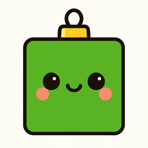 Perfectly square bright green Christmas decoration with cute happy face. Cartoon style. Cute art style. Simple vector style. No Shadows