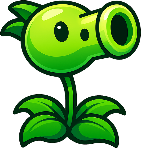 una planta de color verde brillante con forma de pistola vegetal: su “cañón” cilíndrico, ligeramente más ancho en la boca, luce un tono verde claro con un suave degradado y un brillo que le da volumen. Sus ojos son dos círculos lisos y oscuros, casi sin pupila, que le aportan un aire simpático y sencillo. El cuerpo descansa sobre un tallo delgado y flexible, sostenido por cuatro hojas arqueadas y onduladas en la base, de un verde más intenso, que sirven de “pies” y refuerzan su aparienciauna planta de color verde brillante con forma de pistola vegetal: su “cañón” cilíndrico, ligeramente más ancho en la boca, luce un tono verde claro con un suave degradado y un brillo que le da volumen. Sus ojos son dos círculos lisos y oscuros, casi sin pupila, que le aportan un aire simpático y sencillo. El cuerpo descansa sobre un tallo delgado y flexible, sostenido por cuatro hojas arqueadas y onduladas en la base, de un verde más intenso, que sirven de “pies” y refuerzan su apariencia.
In-Game asset.  High contrast.  No shadows