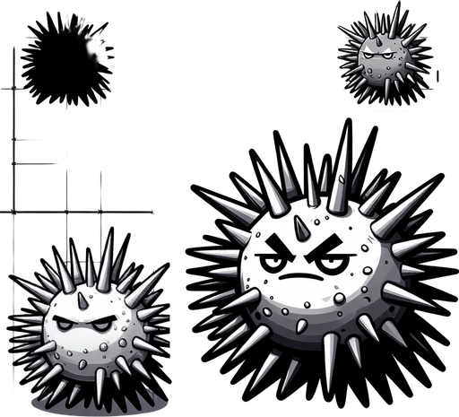 Sea urchin, cartoon, spiny, long spines, grumpy face, no shadow
Single Game Texture. In-Game asset. 2d. Blank background. High contrast. No shadows.