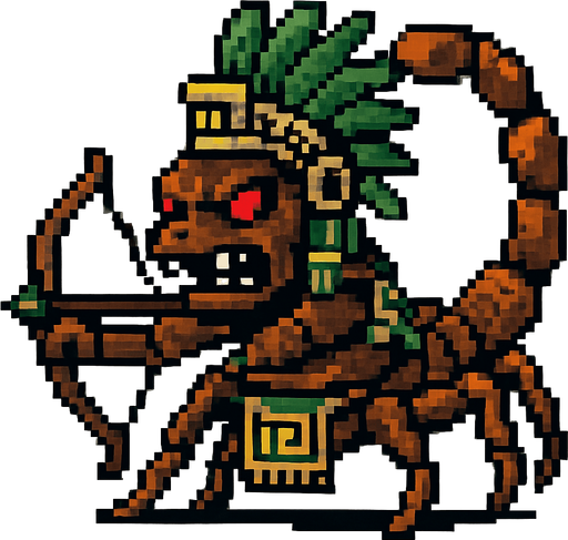Genérame una Escorpion Colombiano guerrero azteca con eso patrones, estilo pixelar, con una apariencia maligna, ojos rojos, rabioso. Unidad a distancia, con un arco o cerbatana. Animal.
In-Game asset.  2d.  High contrast.  No shadows