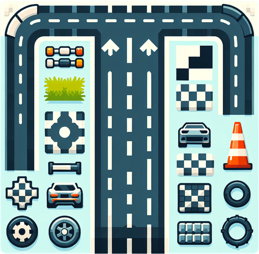 A road going left turn right turn speed pump & obstacle.
Single Game Texture.  In-Game asset.  Blank background.  High contrast.  No shadows