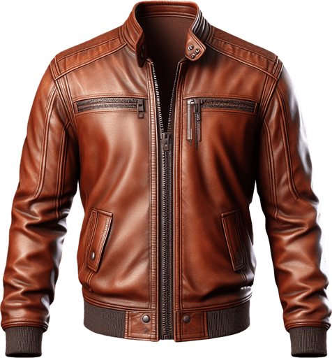 brown leather jacket.
Single Game Texture.  In-Game asset.  2d.  Blank background.  High contrast.  No shadows