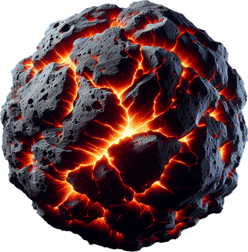 asteroid with fire cracks.
Single Game Texture.  In-Game asset.  2d.  Blank background.  High contrast.  No shadows