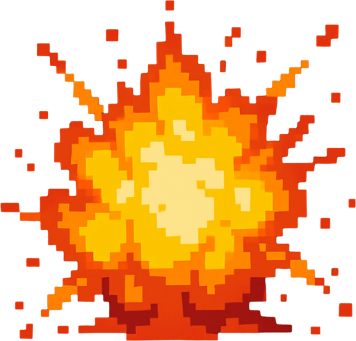 digital pixel art explosion.
In-Game asset.  2d.  High contrast.  No shadows