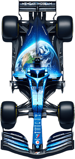 F1 race car. Glossy blue body painting and half covered with planet blue Earth. 
Blue front wing. 
myearthdream.com text on black rear wing. 7 number  on the nose of the car. Red Honda logo with White R logo on the nose of the car. Top view..
Single Game Texture. In-Game asset. 2d. Blank background. High contrast. No shadows.