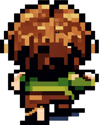 The hobbit is jumping. His feet stick out on either side as he jumps.  Pixel art