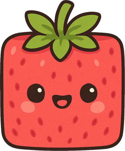 Perfectly square bright rose red stawberry with cute happyy face. Cartoon style. Cute art style. Simple vector style. 2d