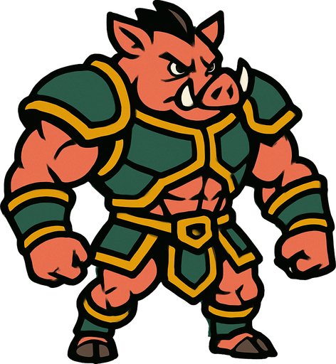 cerdo en 2 patas musculoso con armadura.
In-Game asset.  2d.  High contrast.  No shadows
