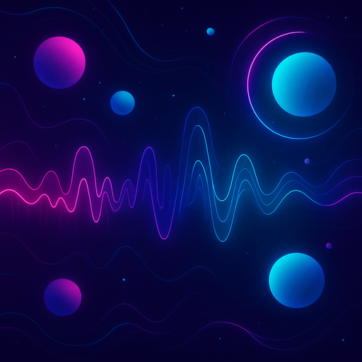 A futuristic abstract 2D background for a rhythm game start screen.
Neon color palette — cyan, magenta, and deep purple.
Floating glowing spheres, waveforms, and pulse rings layered over a dark space-like gradient background.
Visual elements should feel musical — like a living audio visualizer.
High detail, soft glowing effects, minimal UI clutter space in center.
Style: Digital art, vibrant, atmospheric..
In-Game asset.  2d.  High contrast.  No shadows