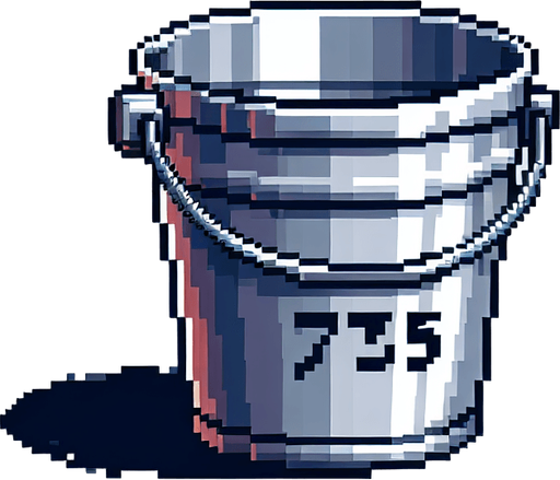 silver bucket with 75 text on it
. front view. Single Game Texture. In-Game asset. 2d. Blank background. High contrast. No shadows. pixel. 8 bit