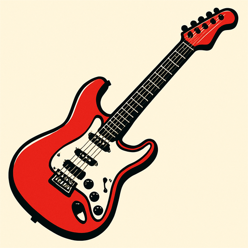 kırmızı renkli elektro gitar yan dursun çalmaya hazır gibi görünsün.
In-Game asset.  2d.  High contrast.  No shadows