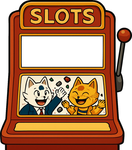 An electronic slots machine with the word Slots at the top. The section where the reels should be is a big empty rectangular window, no background. Underneath that window have a smaller graphic of the cats from this picture throwing chips into the air as a picture on the face of the slots machine. Like they’ve won a jackpot. Include the part where the buttons are, but have that part blank with no buttons. Background behind the image is white.
