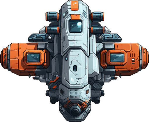 Hero spaceship facing upwards, with a single cannon in the center.
Game Texture. In-Game asset. 2d. Pixelart. White background. Blank background. Low detail. High contrast.