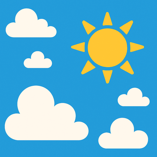 Un fondo todo celeste con nubes y un sol.
In-Game asset.  2d.  High contrast.  No shadows