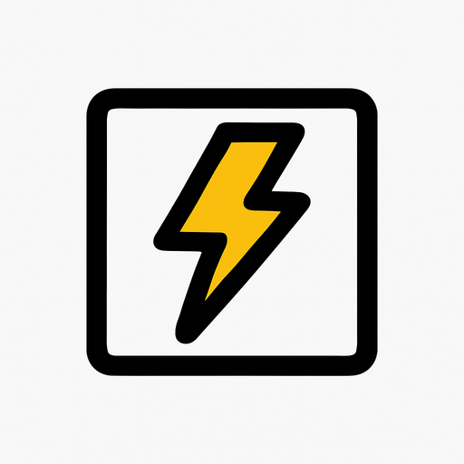 top-down view, simple minimal white square icon, centered electric bolt symbol inside, clear sharp lines, no background, clean style, for game UI button, 30x30 px, yellow black.
In-Game asset.  2d.  High contrast.  No shadows
