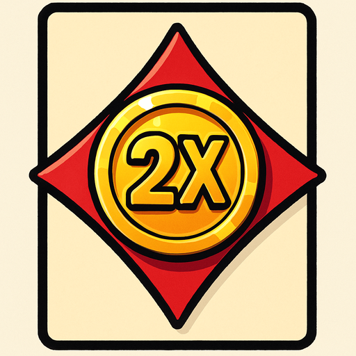 The diamond card suit with a coin in the center. The coin has a ‘2X’ in the center.  Anime style..
In-Game asset.  2d.  High contrast.  No shadows