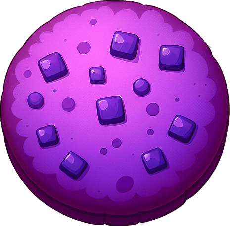 Purple cookie.
Single Game Texture. In-Game asset. 2d. Blank background. High contrast. No shadows.