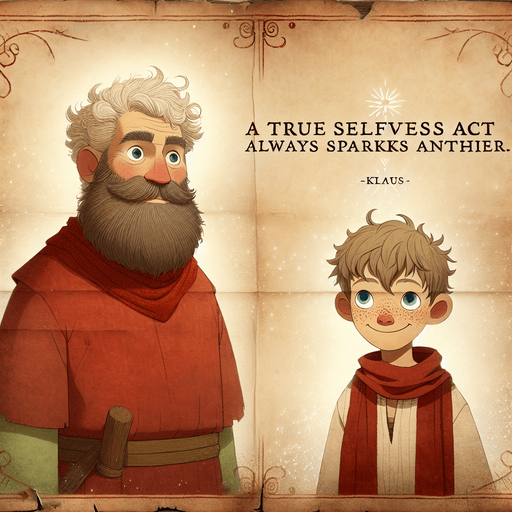 a pergament with Klaus and Jesper from the movie Klaus. There is the text: "A true selfless act always sparks another. -Klaus"