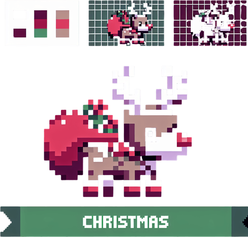 8 bit. raindeer bringing x-mas pressents. in game asset. Single Game Texture. In-Game asset. 2d. Blank background. High contrast. No shadows.