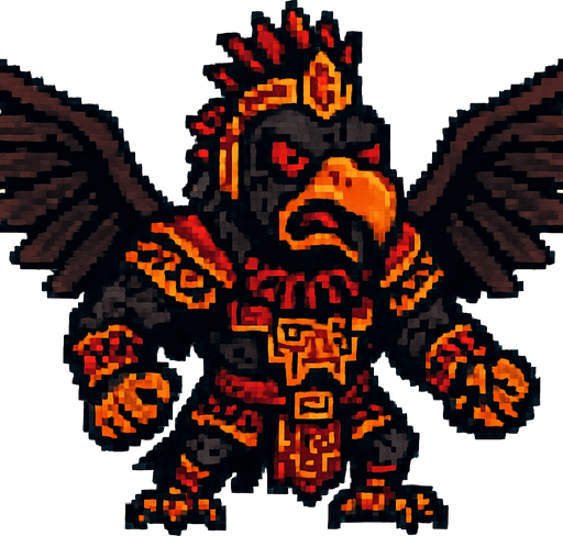 Genérame una Zopilote Rey guerrero azteca con eso patrones, estilo pixelar, con una apariencia maligna, ojos rojos, rabioso. Unidad aerea con alas. Animal.
In-Game asset.  2d.  High contrast.  No shadows